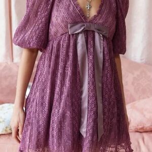 Kimchi Blue Margaret Lace Bow Detail Babydoll Mini Dress in Mauve